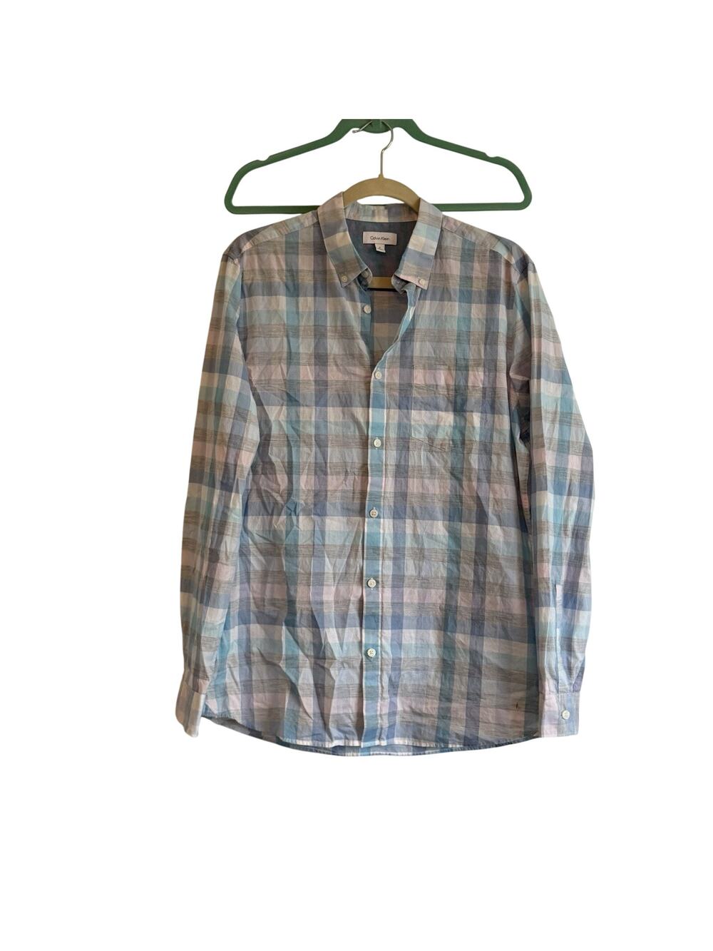 Calvin Klein Men's Blue Plaid Long Sleeve Button Up Shirt Size Medium